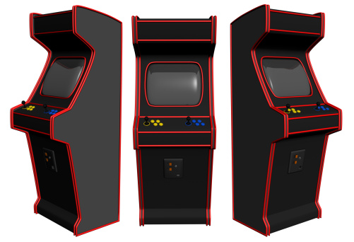 A classic and retro looking 3D rendered video arcade machine. Isolated on a white background, with basic colors for easy editing. Rendered from 3 angles, on one image.