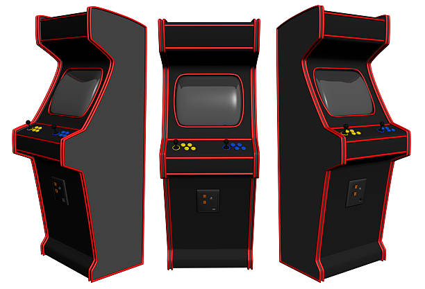 Arcade Video Gaming A classic and retro looking 3D rendered video arcade machine. Isolated on a white background, with basic colors for easy editing. Rendered from 3 angles, on one image. arcade photos stock pictures, royalty-free photos & images