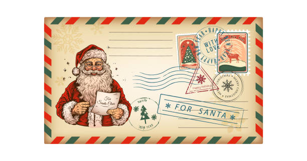 レトロなスタイルのクリスマスグリーティングカードに入ったサントクラウスの手紙の封筒。白い背景にビンテージのベクターイラスト - greeting card christmas envelope mail点のイラスト素材／クリップアート素材／マンガ素材／アイコン素材
