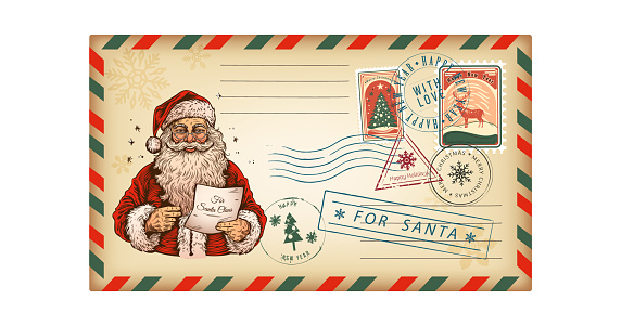 Letter envelope for Santo Kraus in a retro style Christmas greeting card. Vector illustration, vintage, isolated on white background.