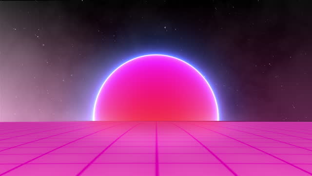 Retro pink concept footage with flat terrain, grid and sun.