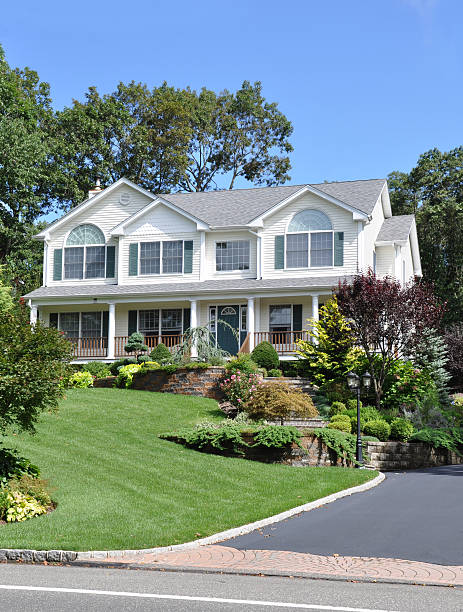 Large Suburban Home Front Yard Landscape stock photo