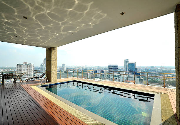 istock City view and reflection on the roof top pool 160046171