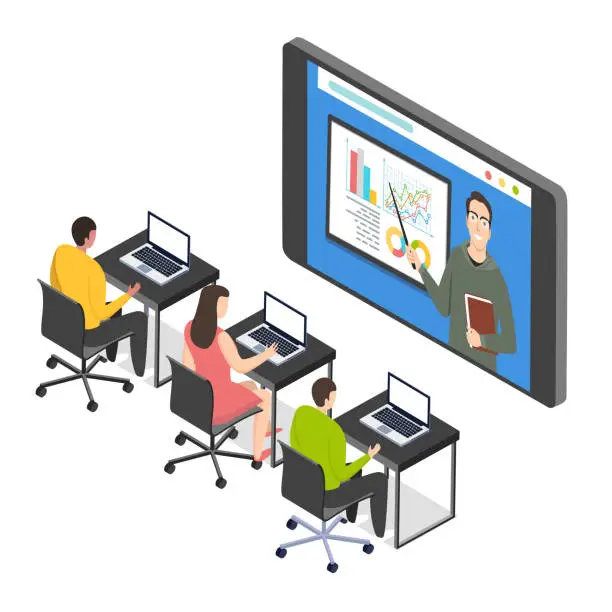 Vector illustration of Illustrations flat design concept video conference. online learning about stocks market work form home. finance study