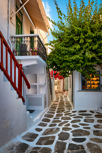 Cozy traditional Greek alleyways in Mediterranean island towns. Whitewashed houses, souvenir shops, morning summer sunshine, cobblestone paved streets, olive trees. Mykonos, Greece. Vertical shot