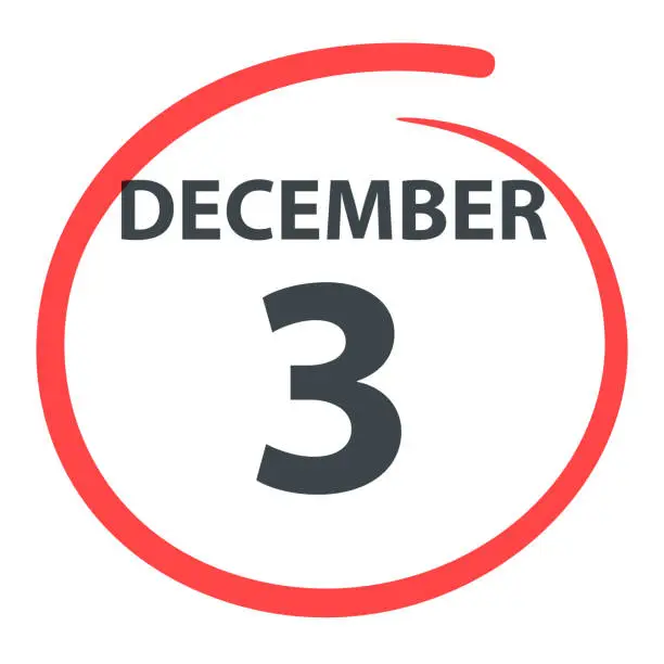 Vector illustration of December 3 - Date circled in red on white background