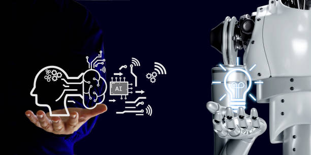 istock human with 3D robotic render with element digital technology icon backing on business 1600492164