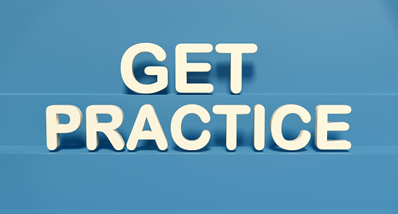 Get practice. White shiny plastic letters. Education, progress, practicing, advice, business strategy, exercising, training grounds. 3D illustration