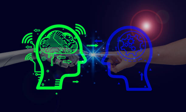 istock element futuristic digital imagination  human and AI brain icon with glow light robotic hand touching human hand on abstract background 1600492737