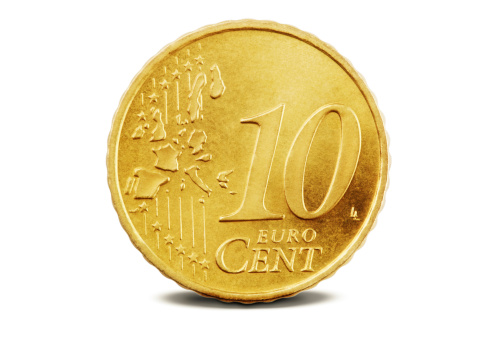 A ten cent euro coin on white background