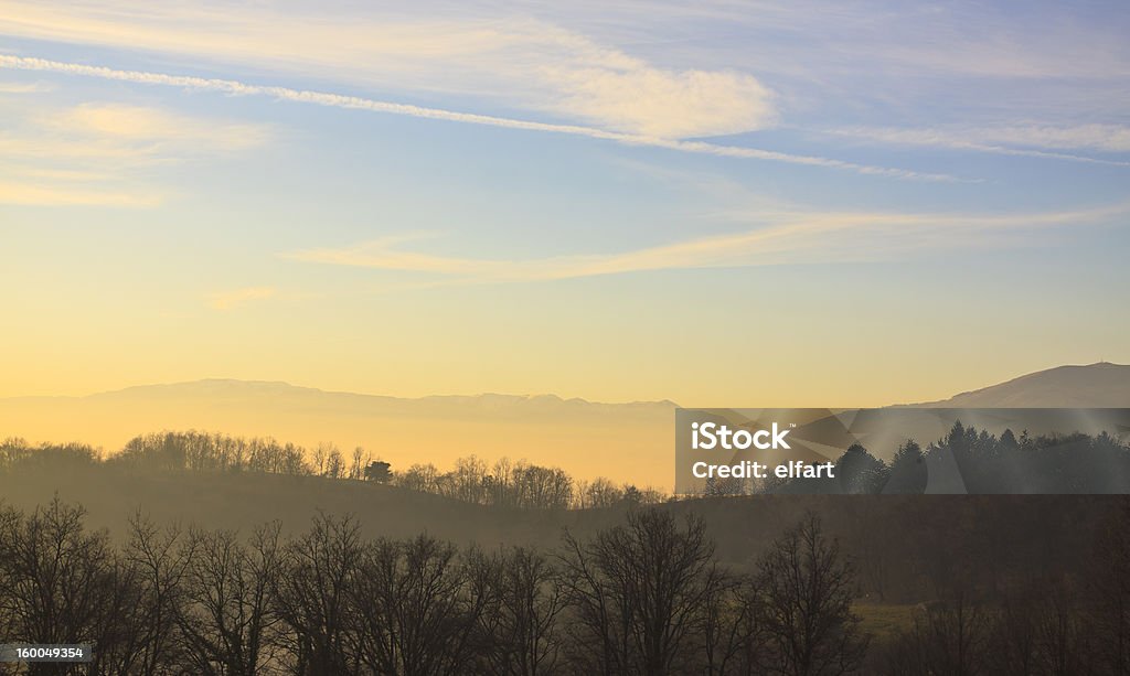 panorama avec brouillard et les montagnes en arrière-plan - Photo de Arbre libre de droits