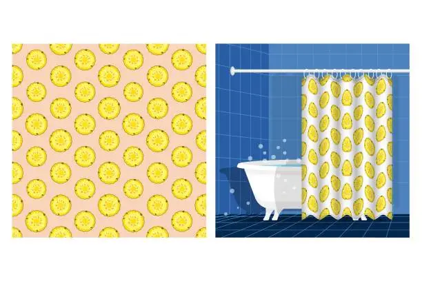 Vector illustration of Bathroom interior with bathtub and curtain decorated seamless pattern with pineapple circle. Harvesting tropical fruits. Vector illustration, ornament for design of posters, printing on fabric