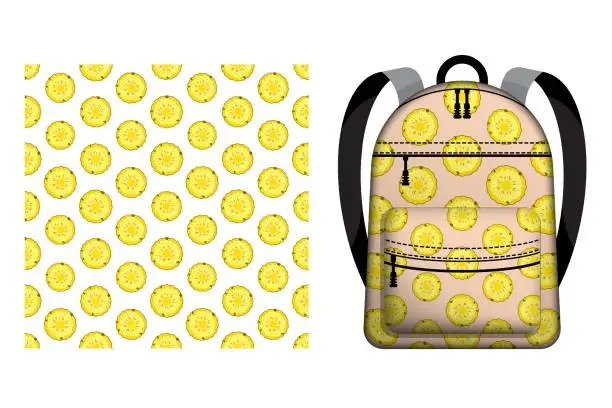 Vector illustration of Children school backpack decorated seamless pattern with pineapple circle. Harvesting tropical fruits. Vector ornament for design of posters and printing on textile