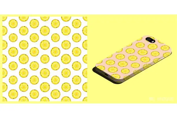 Vector illustration of Modern smartphone in unique case decorated seamless pattern with pineapple circle. Harvesting tropical fruits. Isometric top view. Vector ornament for design of posters and accessory