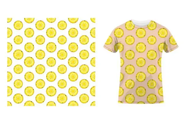 Vector illustration of Short sleeved cotton sports t shirt decorated seamless pattern with pineapple circle. Tropical fruits. Cook uniform. Comfortable summer clothes. Vector ornament for design of textile and fabric