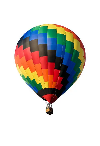 Colorful hot-air balloon floating against a white background