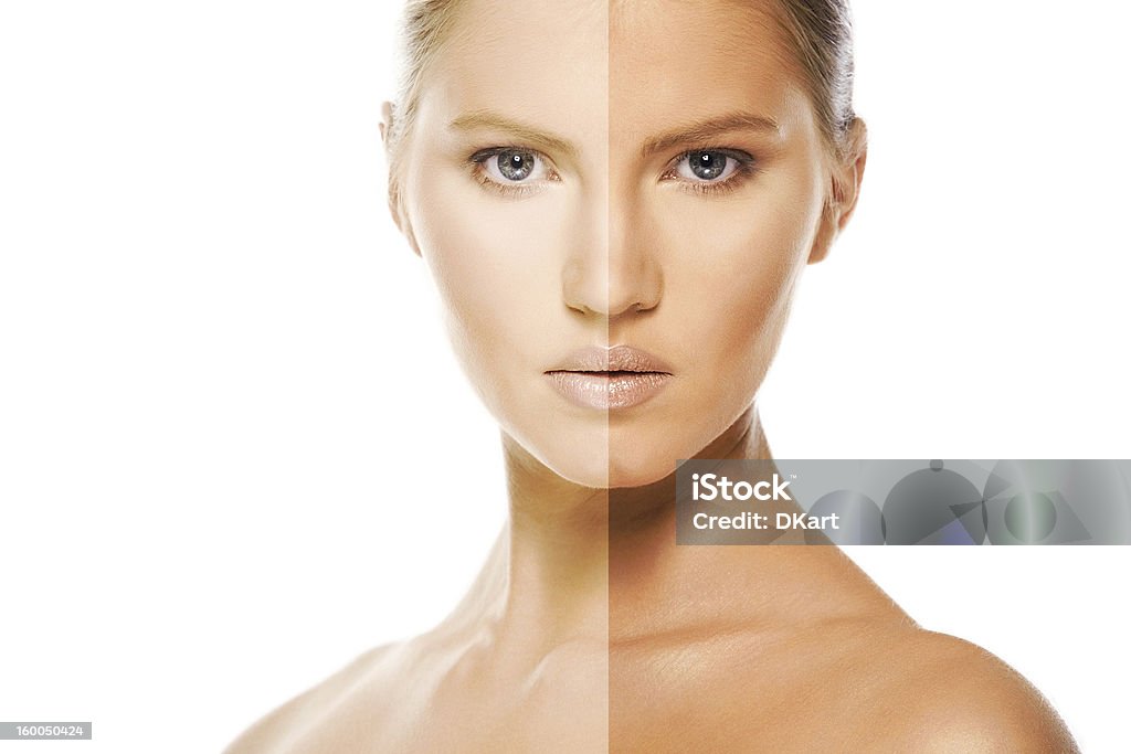 so beautiful caucasian blonde young woman with brown eyes. Comparison of a suntanned site of a skin. isolated white. Grain and texture added. 20-29 Years Stock Photo