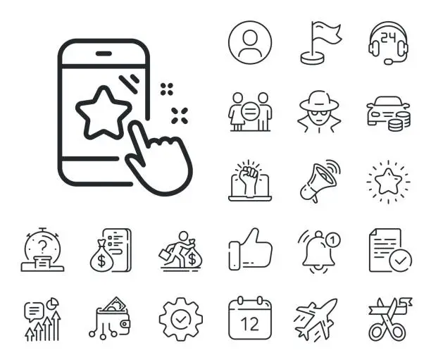 Vector illustration of Star rating line icon. Feedback phone sign. Salaryman, gender equality and alert bell. Vector