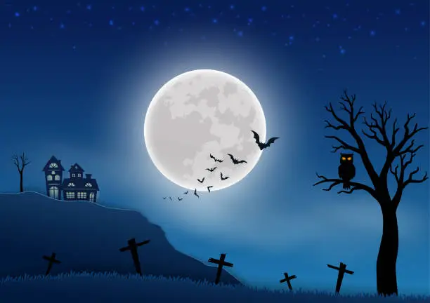 Vector illustration of Happy Halloween celebrate theme on night scene background with graveyard and haunted house on full moon night