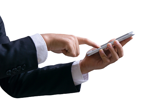 Businessman hand holding smart phone with white background.Copy space.