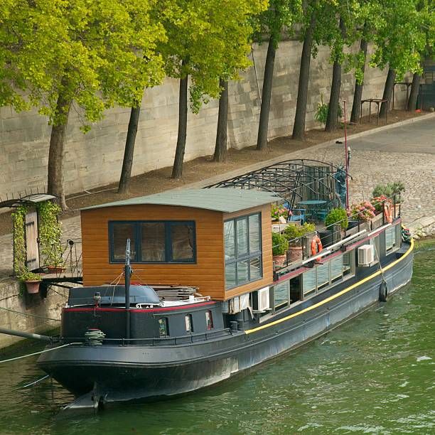 full of tourists sightseeing boats on Seine River near Ile de la Cite, a famous Pont Neuf  is seen in the background, Paris, France