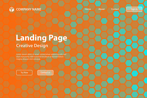 Landing page template for your website. Modern and trendy background. Abstract geometric design with a mosaic of hexagons and beautiful color gradient. This illustration can be used for your design, with space for your text (colors used: Turquoise, Blue, Green, Orange). Vector Illustration (EPS file, well layered and grouped), wide format (3:2). Easy to edit, manipulate, resize or colorize. Vector and Jpeg file of different sizes.