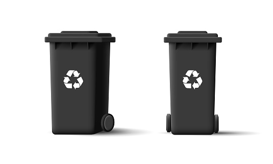 Garbage black trash cans, waste recycle bins. 3d illustration of street container with wheels front and side view with lid, isolated