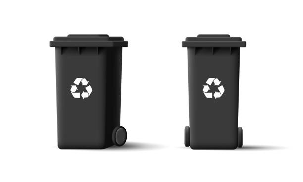 Garbage black trash cans, waste recycle bins. 3d illustration of street container with wheels front and side view with lid Garbage black trash cans, waste recycle bins. 3d illustration of street container with wheels front and side view with lid, isolated black trash bin stock illustrations