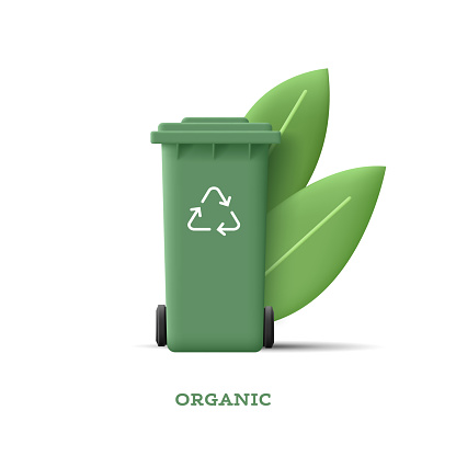3d illustration of green garbage bin for organic waste with leaves and recycle icon on it, isolated digital icon