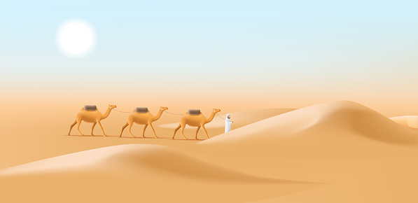 Cameleer men with camels caravan in a desert landscape, man leading animals in dune, 3d illustration background
