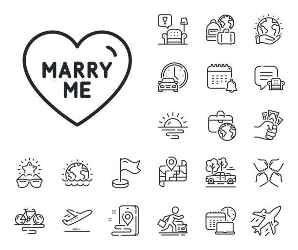 Marry me line icon. Sweet heart sign. Wedding love. Plane jet, travel map and baggage claim. Vector Sweet heart sign. Plane jet, travel map and baggage claim outline icons. Marry me line icon. Wedding love symbol. Marry me line sign. Car rental, taxi transport icon. Place location. Vector airport sunrise stock illustrations