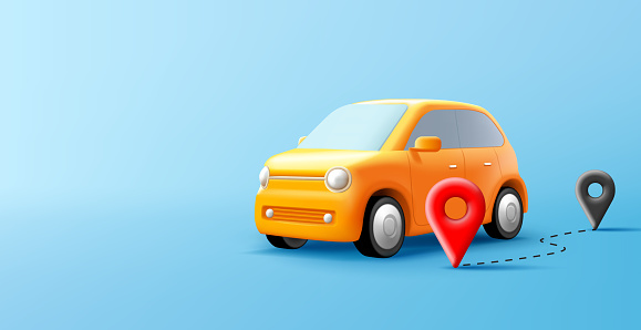 Cute cartoon yellow car illustration, 3d render with pins and route planned, digital composition, modern
