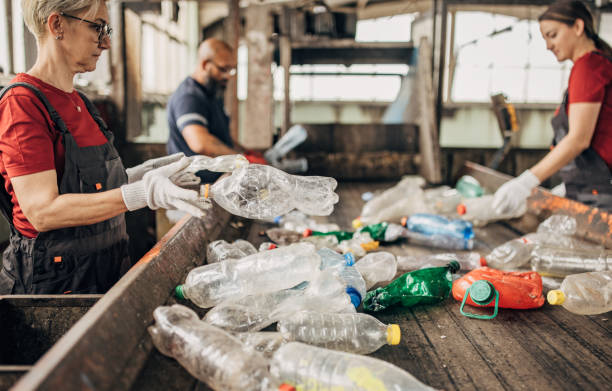 istock Group of workers at the recycling centre sorting plastic waste ad preparing for recycling 1600550002