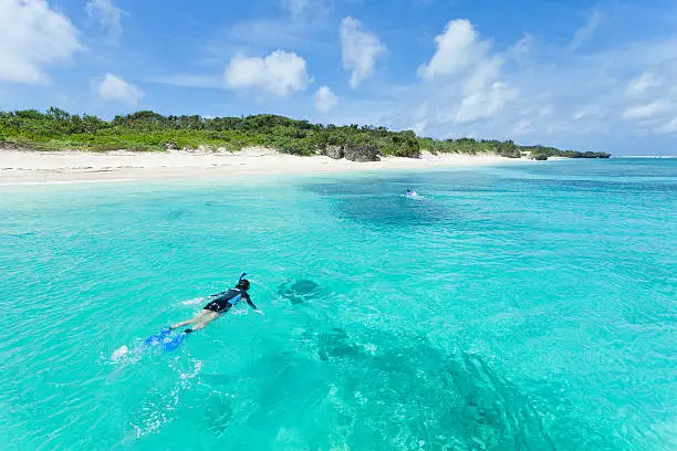 Young woman snorkeling in clear blue water of a coral lagoon around a tropical island, the Yaeyama Islands, Okinawa, Japan