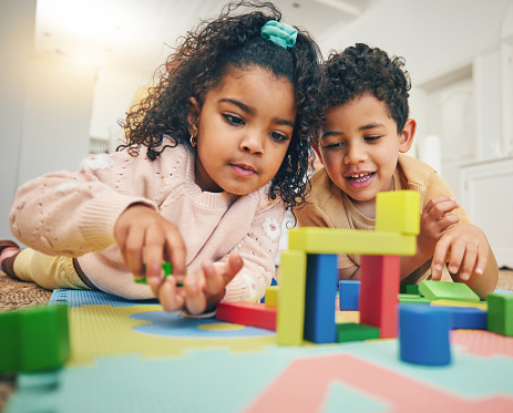 Building blocks, happy and children on floor with toys for playing, bonding and having fun together at home. Family, child development and boy and girl enjoy creative activity, games and relaxing