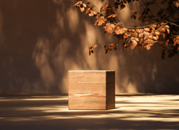 istock Cube shaped wooden side table on ground with autumn leaves in daylight 1600568418