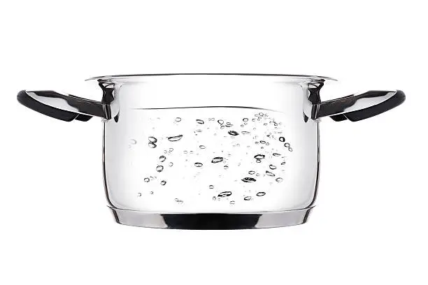 Steel saucepan boiling. Isolated on white background..