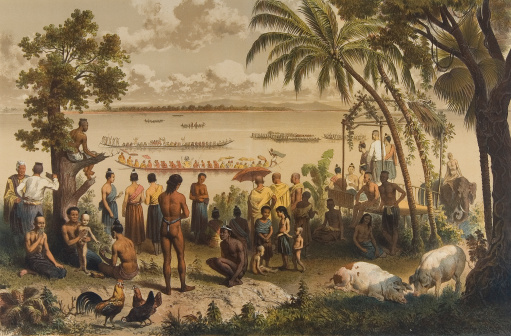 Villagers at Bassac, southern Laos, watching boat-racing on the Mekong. Bassac is the old name for the village known today as Champasak. The original artwork is a colour lithograph based on a sketch by Louis Delaporte, appearing in the Album Pittoresque, Paris, 1873. Delaporte was the artist on a French expedition exploring the course of the Mekong in the 1860s.