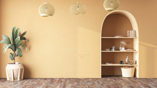 istock Empty Beige Wall with Shelf and Accessories 1600578504