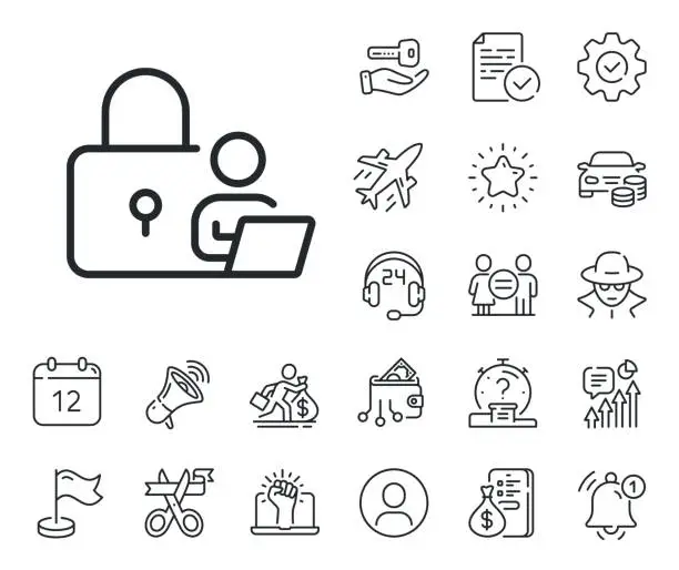 Vector illustration of Lock line icon. Security access sign. Salaryman, gender equality and alert bell. Vector