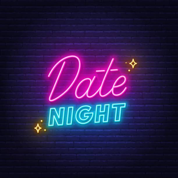 ilustraciones, imágenes clip art, dibujos animados e iconos de stock de cartel de neón date night sobre fondo de pared de ladrillo. - date night