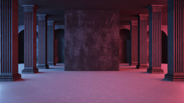 istock Empty Dark Room and Wall with Red and Blue Light 1600581294