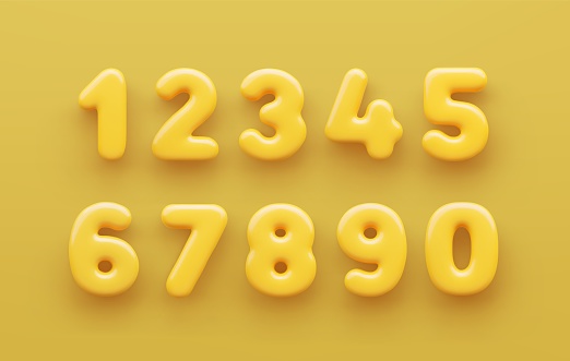 3D Yellow number 1,2,3,4,5,6,7,8,9 and null with a glossy surface on a yellow background .