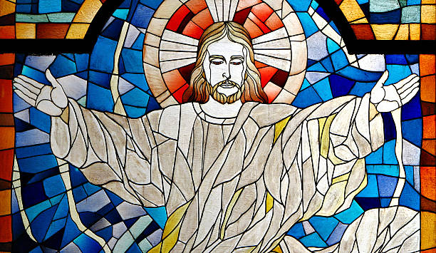 Jesus Christ Church Stained Glass Pane Modern Rendition of Jesus Christ Church Stained Glass Pane stained glass photos stock pictures, royalty-free photos & images