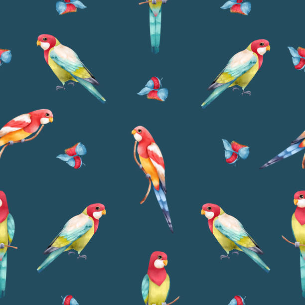 Rosella parrot seamless pattern on green background. Australian tropical bird and plant hand drawn illustration for fabric, wrapping, wallpaper, textile, apparel Rosella parrot seamless pattern on green background. Australian tropical bird and plant hand drawn illustration for fabric, wrapping, wallpaper, apparel, textile, echo parakeet stock illustrations