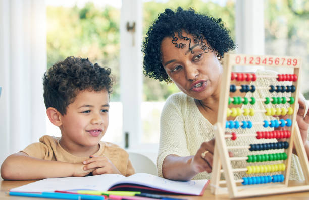 istock Abacus, grandmother or boy learning math kindergarten homework or school education in house. Numbers counting or serious senior woman teaching or helping a smart young boy student with development 1600587887