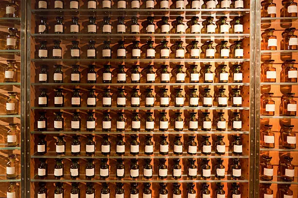 Vials with fragrances in the modern perfume shop.