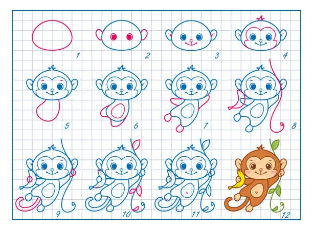 Vector illustration of How to Draw Monkey, Step by Step Lesson for Kids cartoon vector illustration