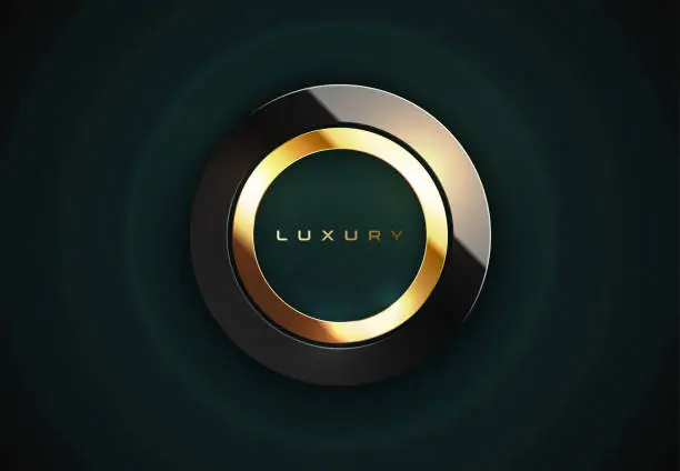 Vector illustration of Glossy black glass luxury circle golden frame. Border logo, name ring, label. Realistic black gold frame, luxury dark green abstract waves background design, light effect reflection. Vector template