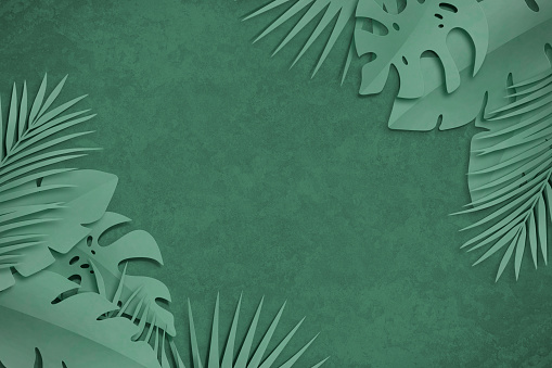 Composition of cut paper tropical palm leaves, jungle Monstera, banana and coconut leaves. Nature mockup, summer art creativity collection on green background. Top view, flat lay, close up, copy space